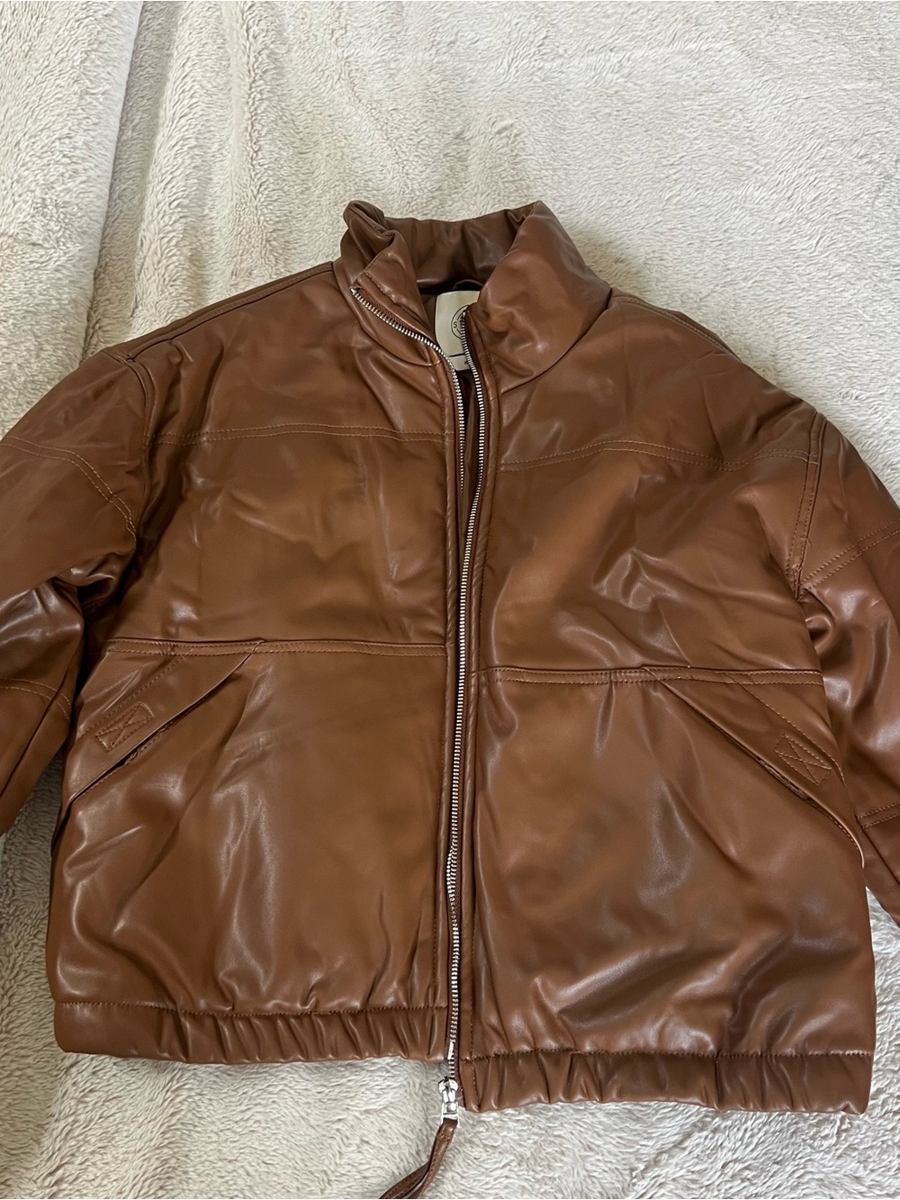 Women’s Brown Leather Puffer Jacket - Classic Casual